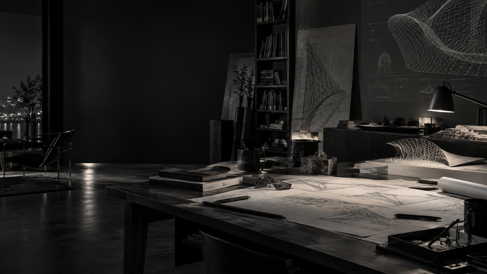 A dark research studio with models, drawings, and material studies