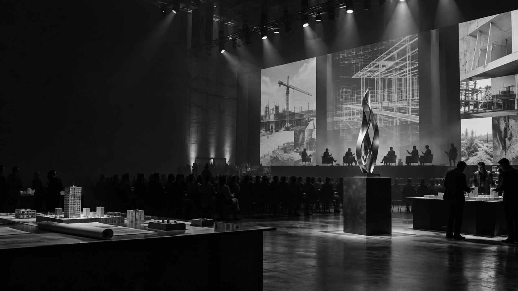 A monochrome forum space with an award sculpture and engineering drawings