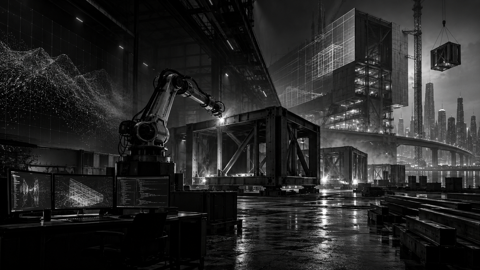 Robotic fabrication and construction in a dark industrial setting